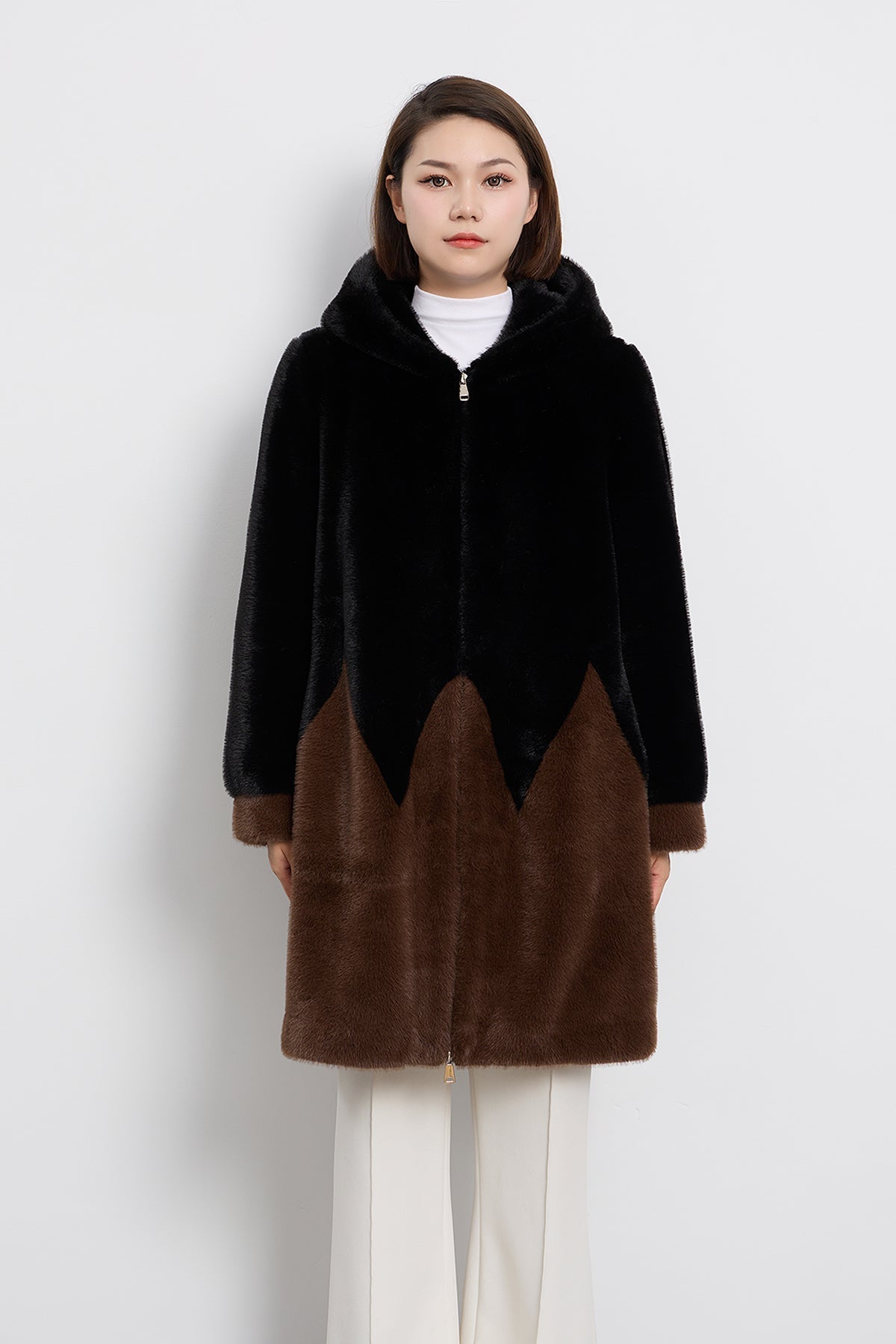 Scott Cashmere Women's Hooded Fur Short Coat Exclusive Design - Black/Brown