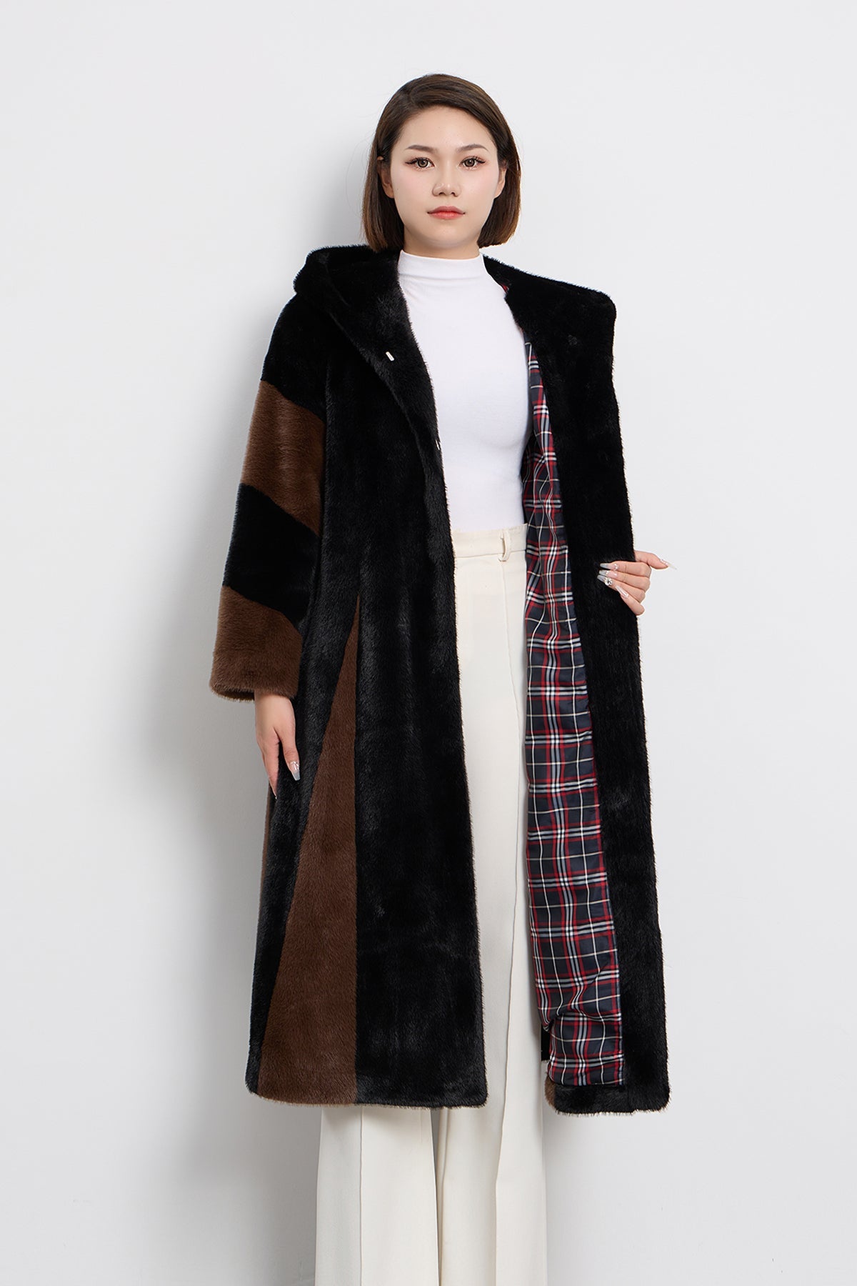 Scott Cashmere Women's Hooded Fur Long Coat Exclusive Design - Black/Brown