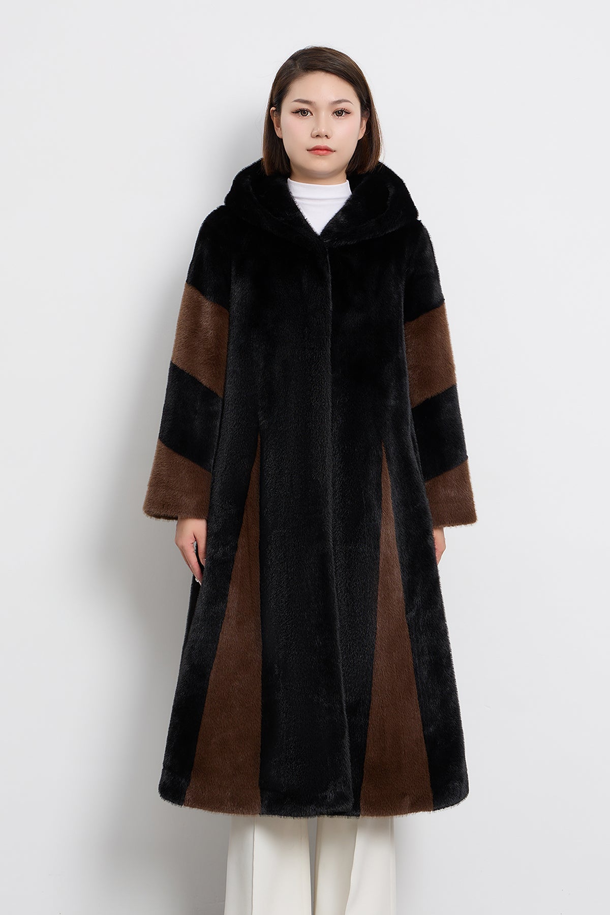 Scott Cashmere Women's Hooded Fur Long Coat Exclusive Design - Black/Brown