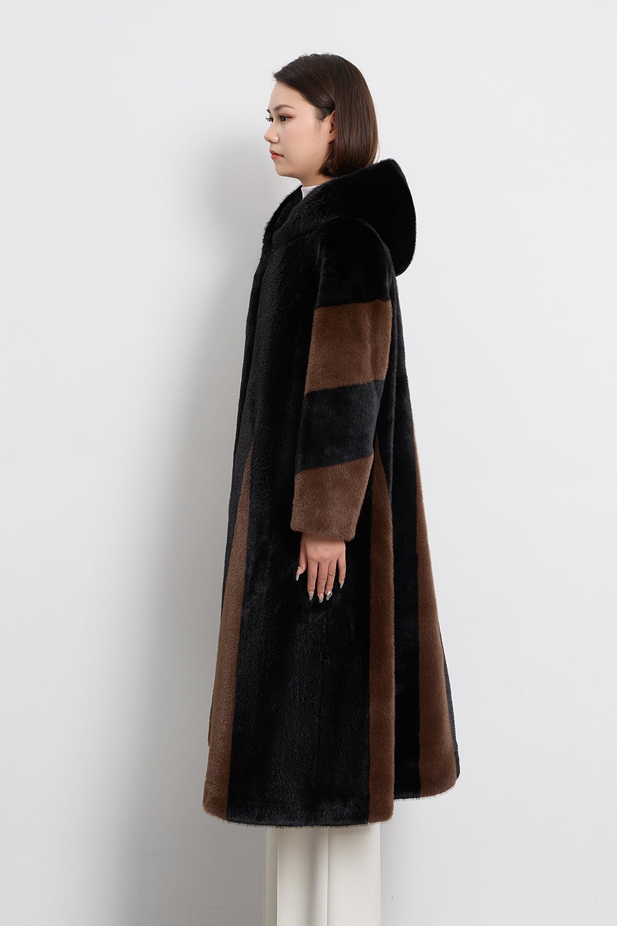 Scott Cashmere Women's Hooded Fur Long Coat Exclusive Design - Black/Brown