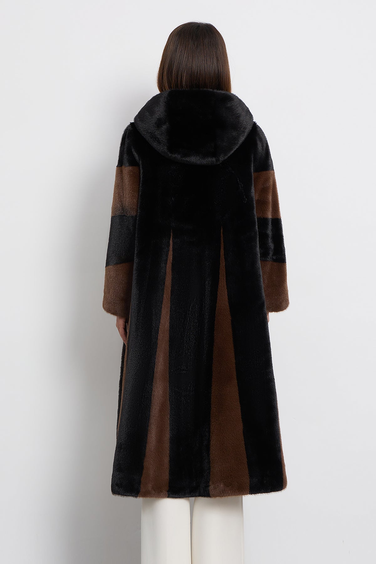 Scott Cashmere Women's Hooded Fur Long Coat Exclusive Design - Black/Brown