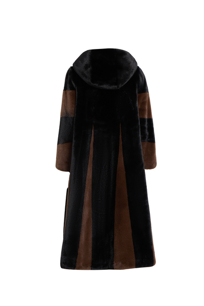 Scott Cashmere Women's Hooded Fur Long Coat Exclusive Design - Black/Brown