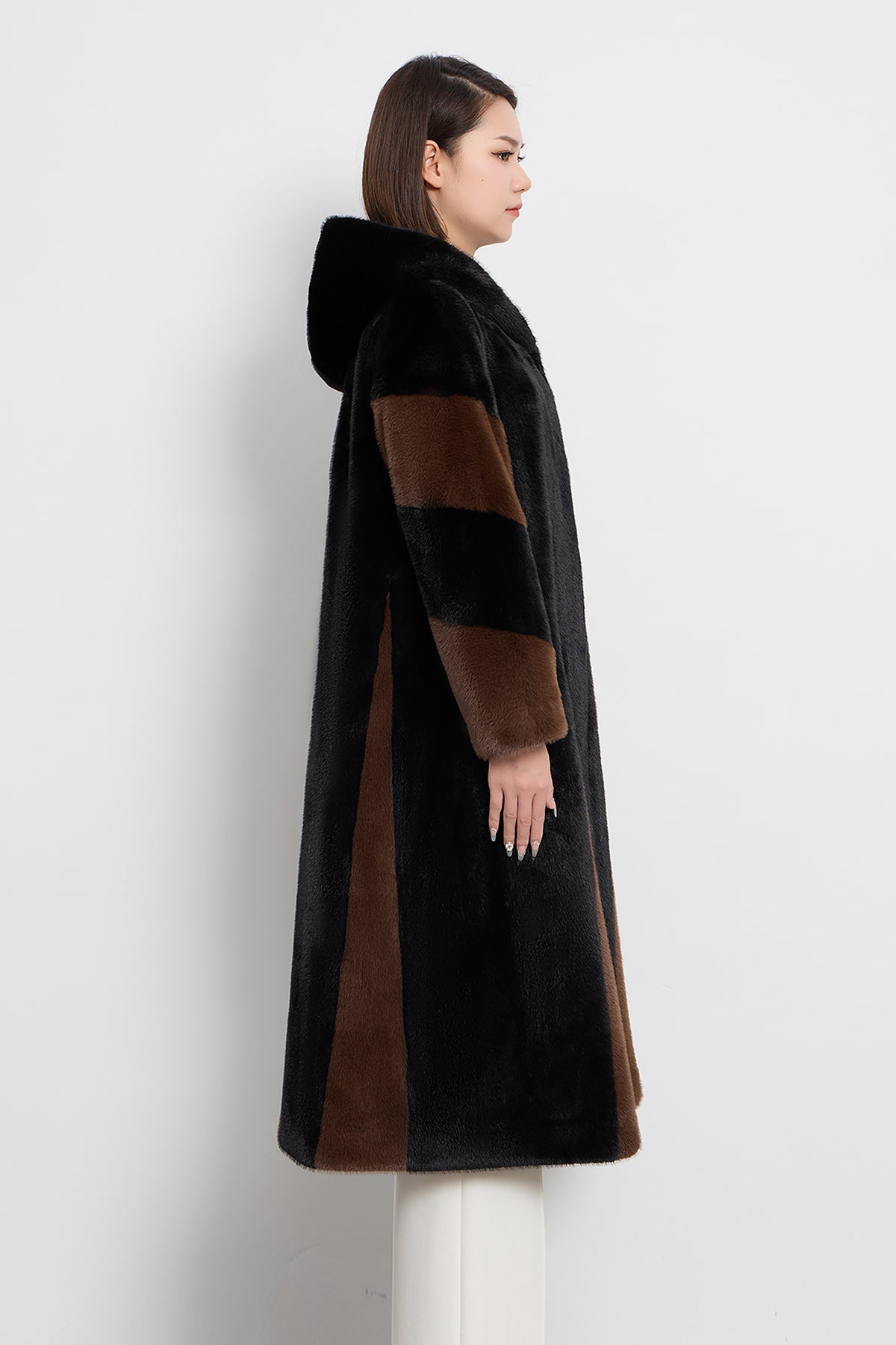 Scott Cashmere Women's Hooded Fur Long Coat Exclusive Design - Black/Brown