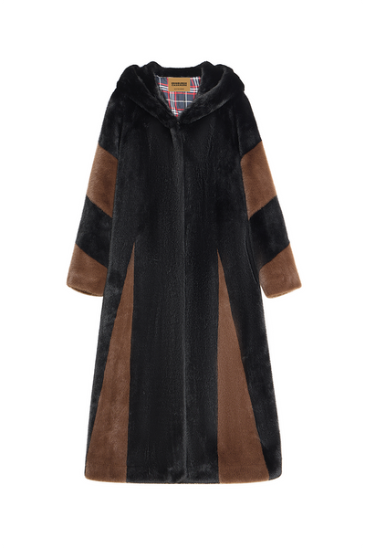 Scott Cashmere Women's Hooded Fur Long Coat Exclusive Design - Black/Brown