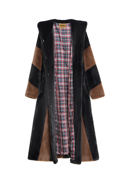 Scott Cashmere Women's Hooded Fur Long Coat Exclusive Design - Black/Brown