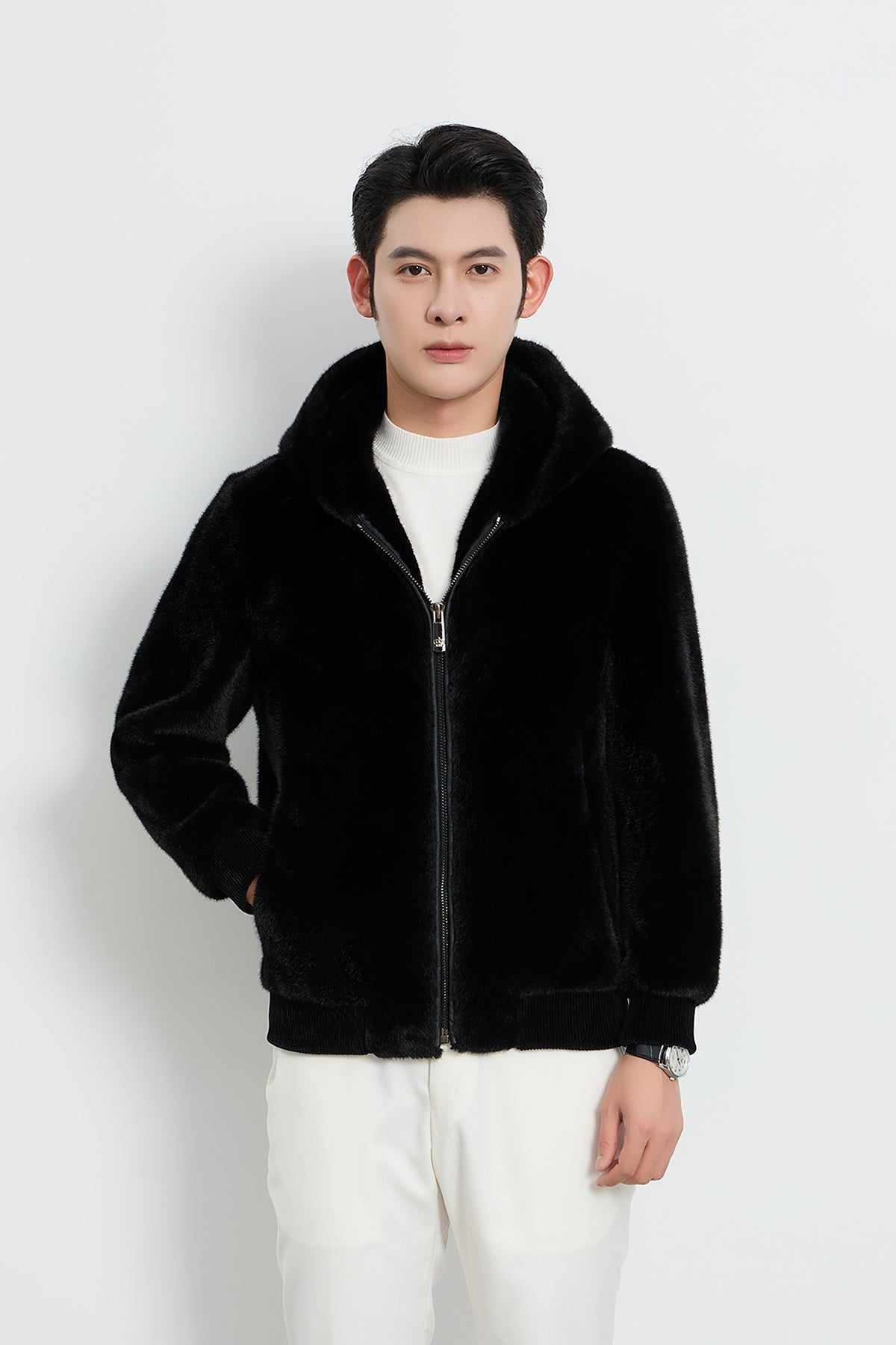 Scott Cashmere Men's Hooded Fur Jacket Exclusive Design - Black