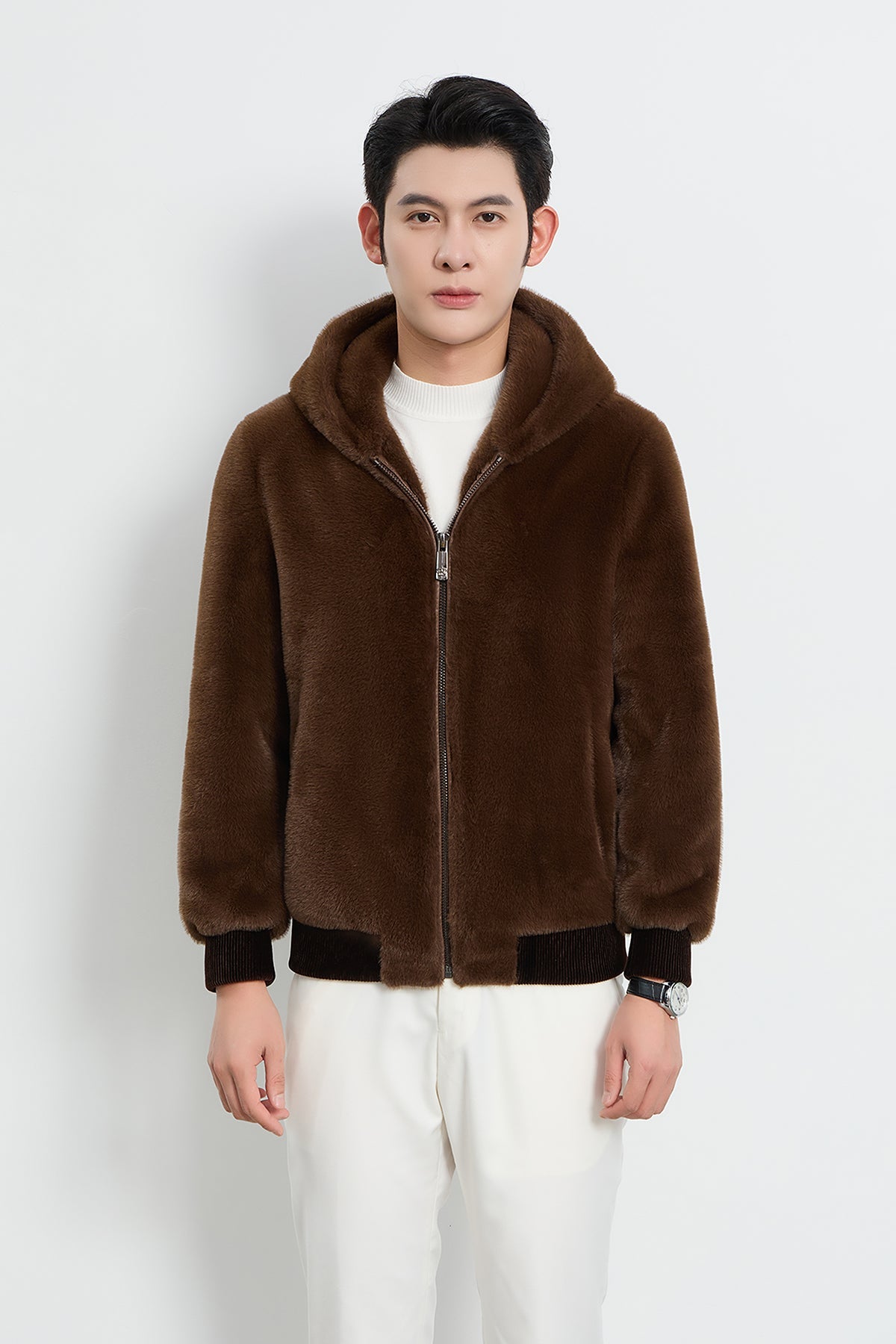 Scott Cashmere Men's Hooded Fur Jacket Exclusive Design - Brown