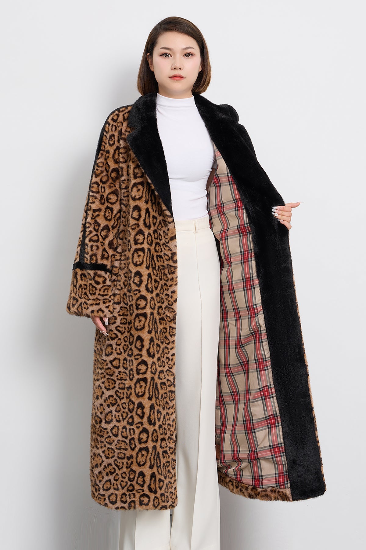 Scott Cashmere Women's Fur Long Coat Exclusive Design - Leopard Print