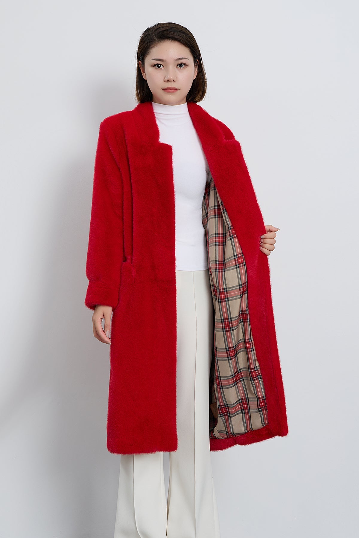 Scott Cashmere Women's Fur Long Coat Exclusive Design - Red