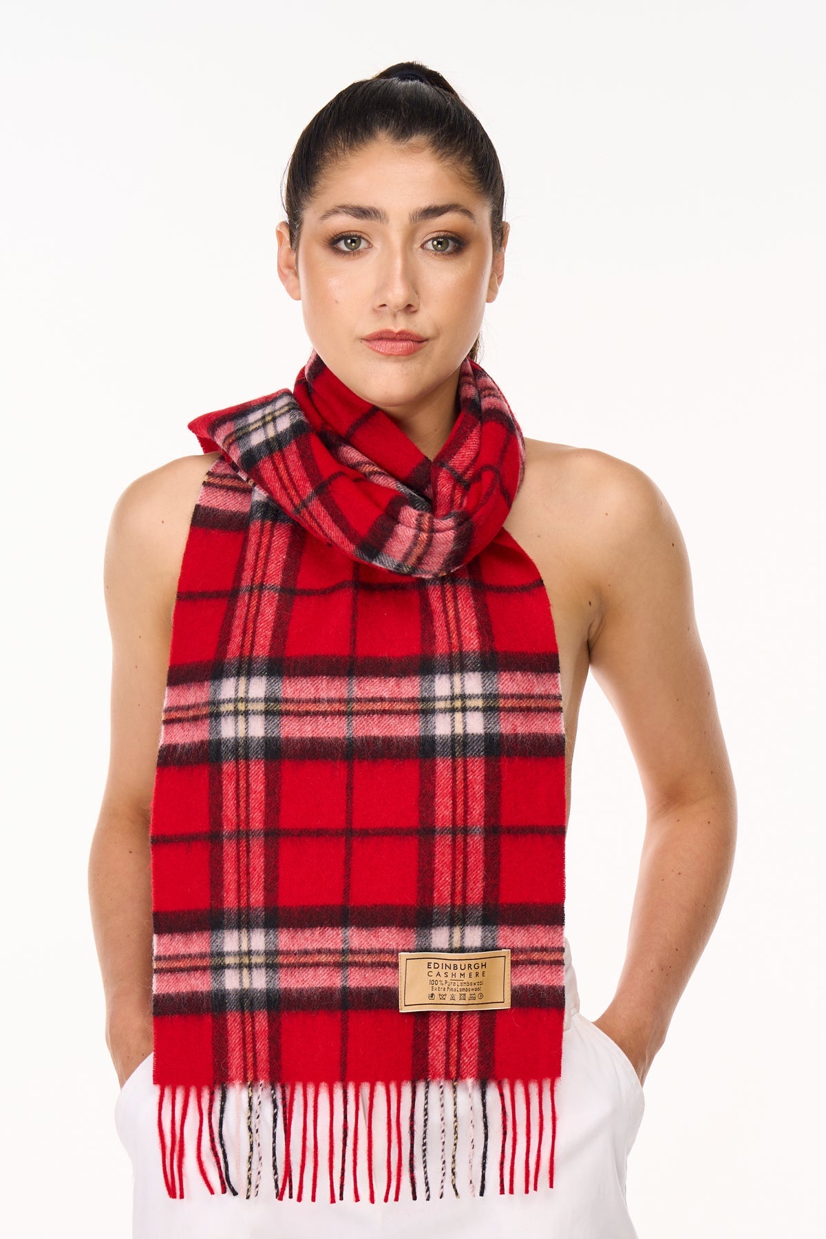 100% Pure Cashmere Scarf Scottish Thomson Red Check Design - Big Size