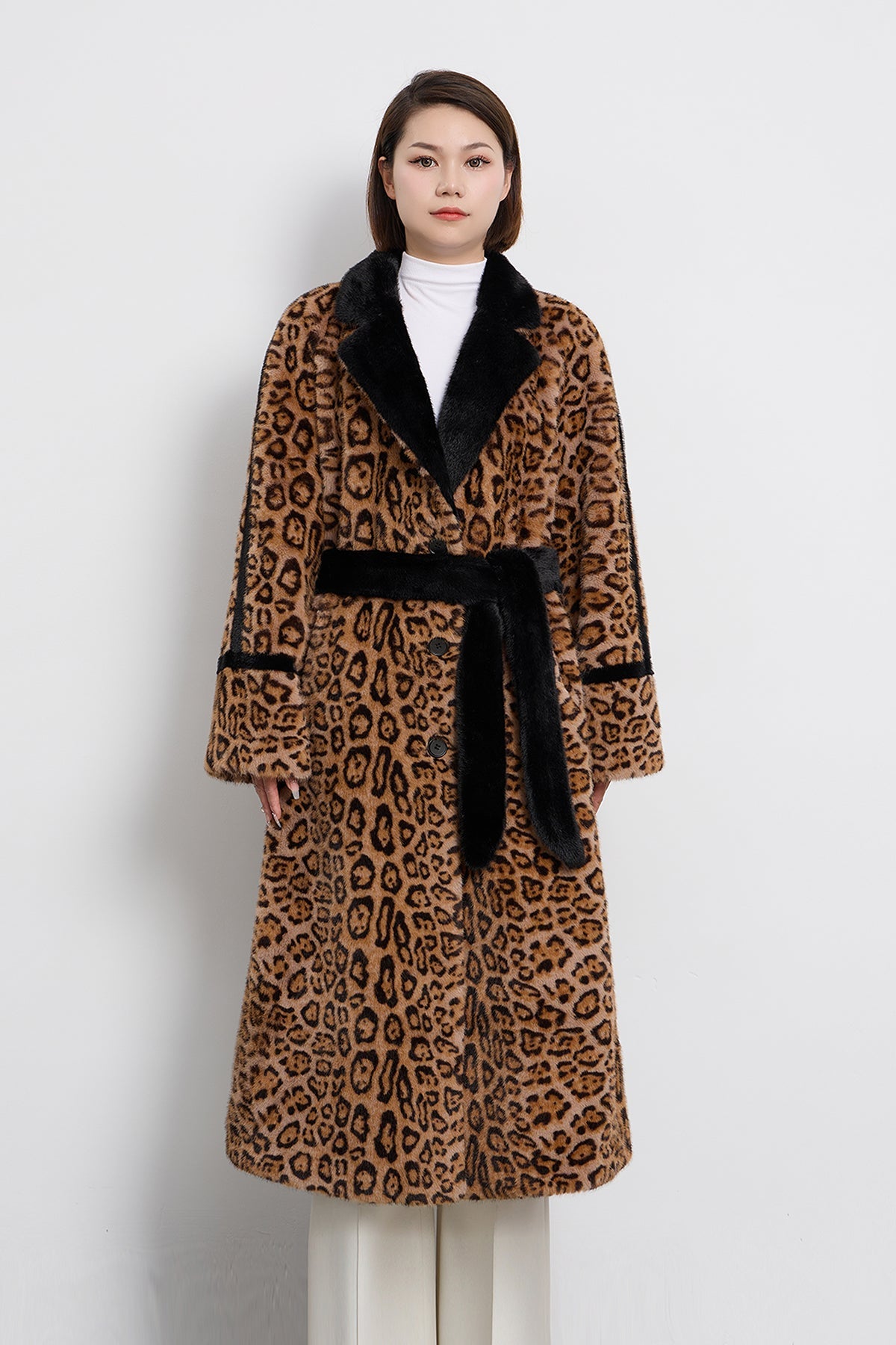 Scott Cashmere Women's Fur Long Coat Exclusive Design - Leopard Print