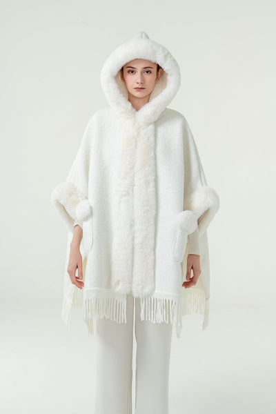 Scott Cashmere Women's Hooded Cape Exclusive Design - White