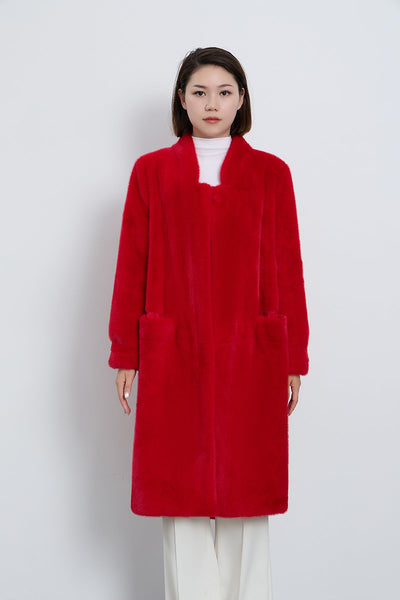 Scott Cashmere Women's Fur Long Coat Exclusive Design - Red