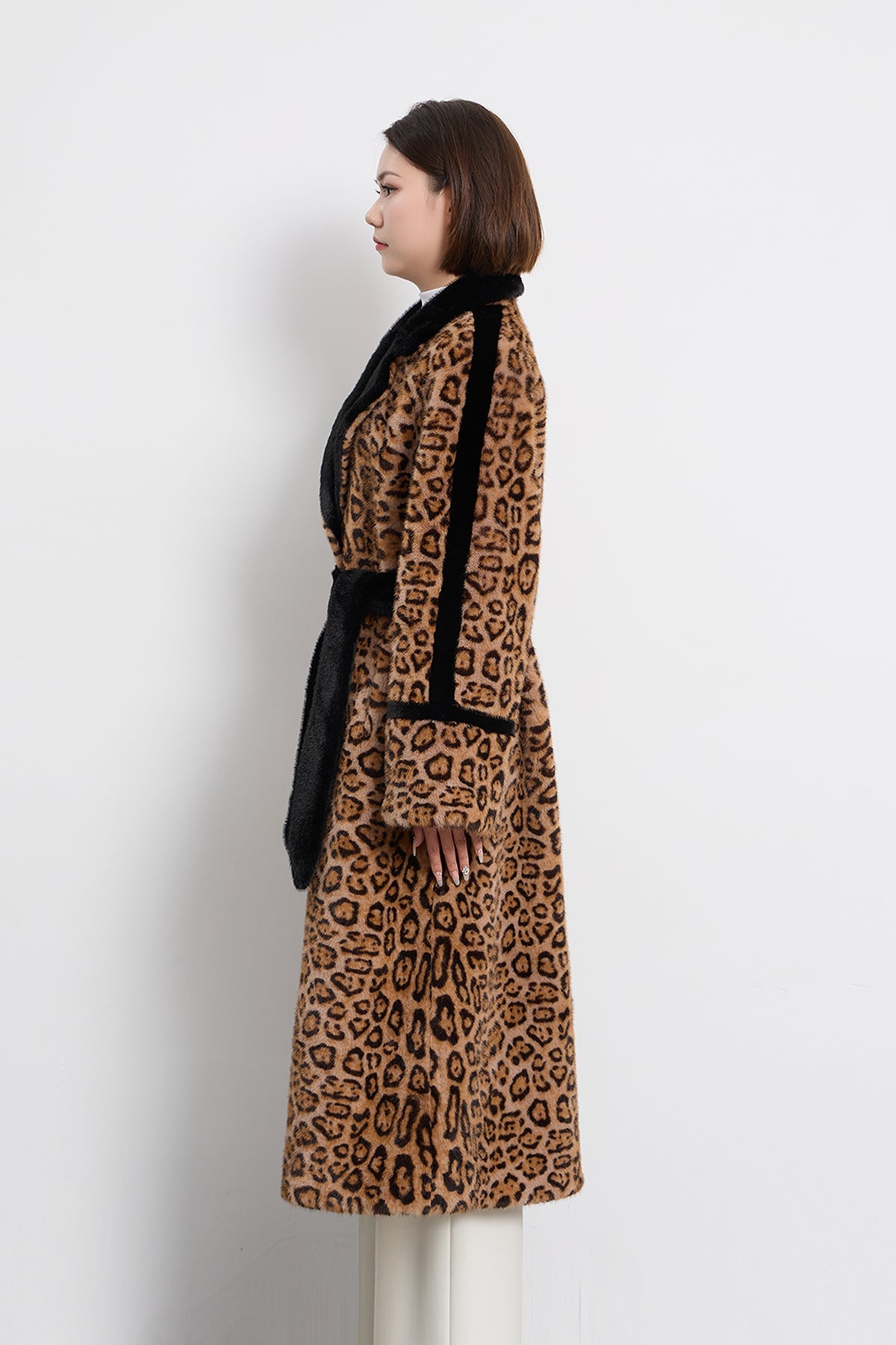 Scott Cashmere Women's Fur Long Coat Exclusive Design - Leopard Print