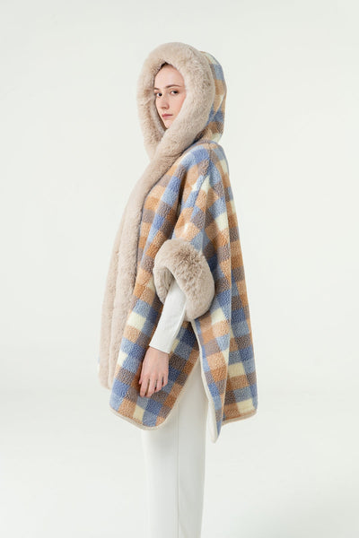 Scott Cashmere Women's Hooded Cape Exclusive Design - Blue/Camel