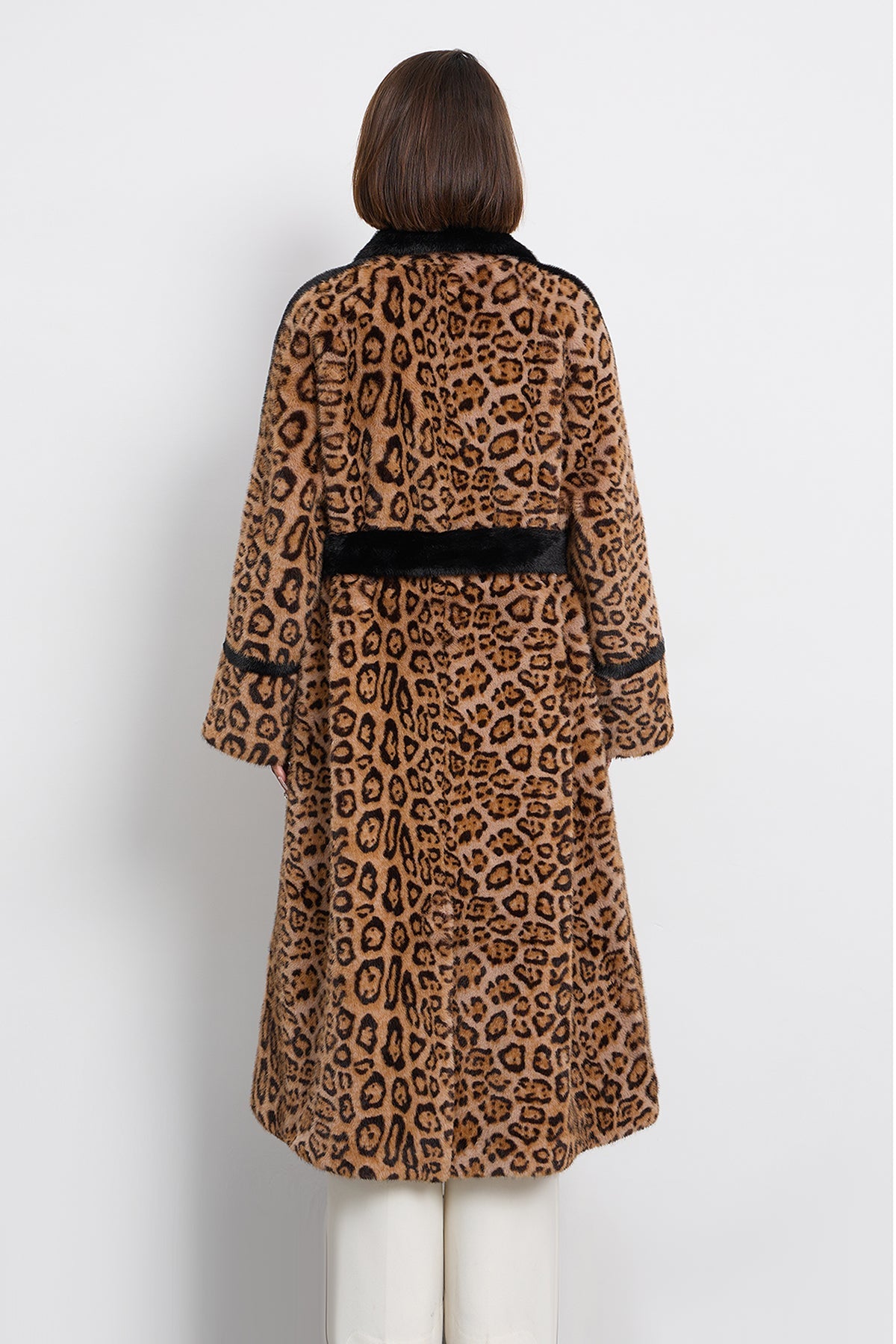 Scott Cashmere Women's Fur Long Coat Exclusive Design - Leopard Print