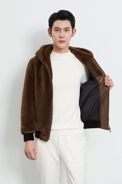 Scott Cashmere Men's Hooded Fur Jacket Exclusive Design - Brown