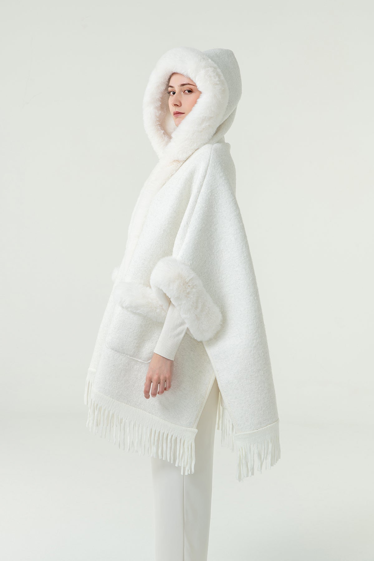 Scott Cashmere Women's Hooded Cape Exclusive Design - White