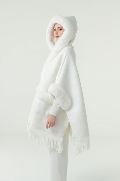 Scott Cashmere Women's Hooded Cape Exclusive Design - White