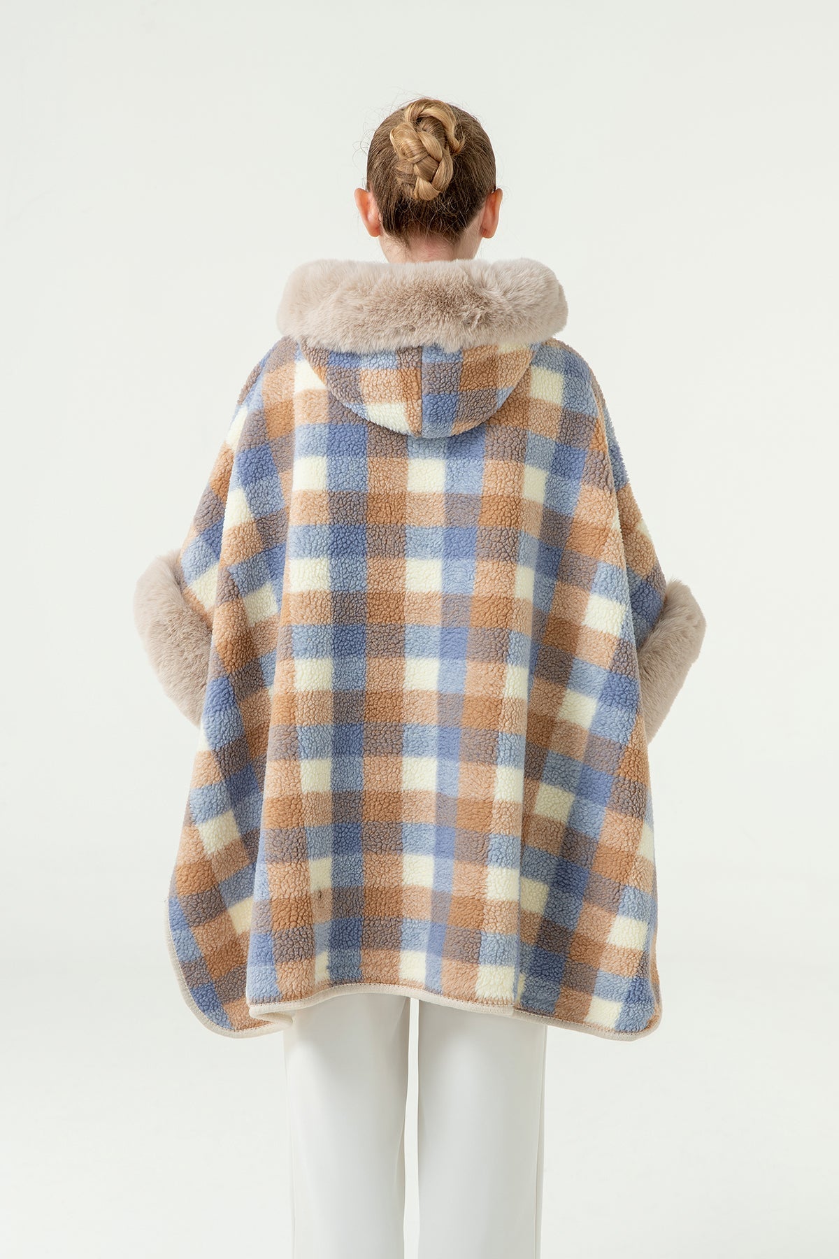 Scott Cashmere Women's Hooded Cape Exclusive Design - Blue/Camel