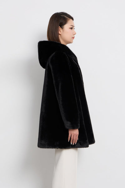 Scott Cashmere Women's Hooded Fur Short Coat Exclusive Design - Black