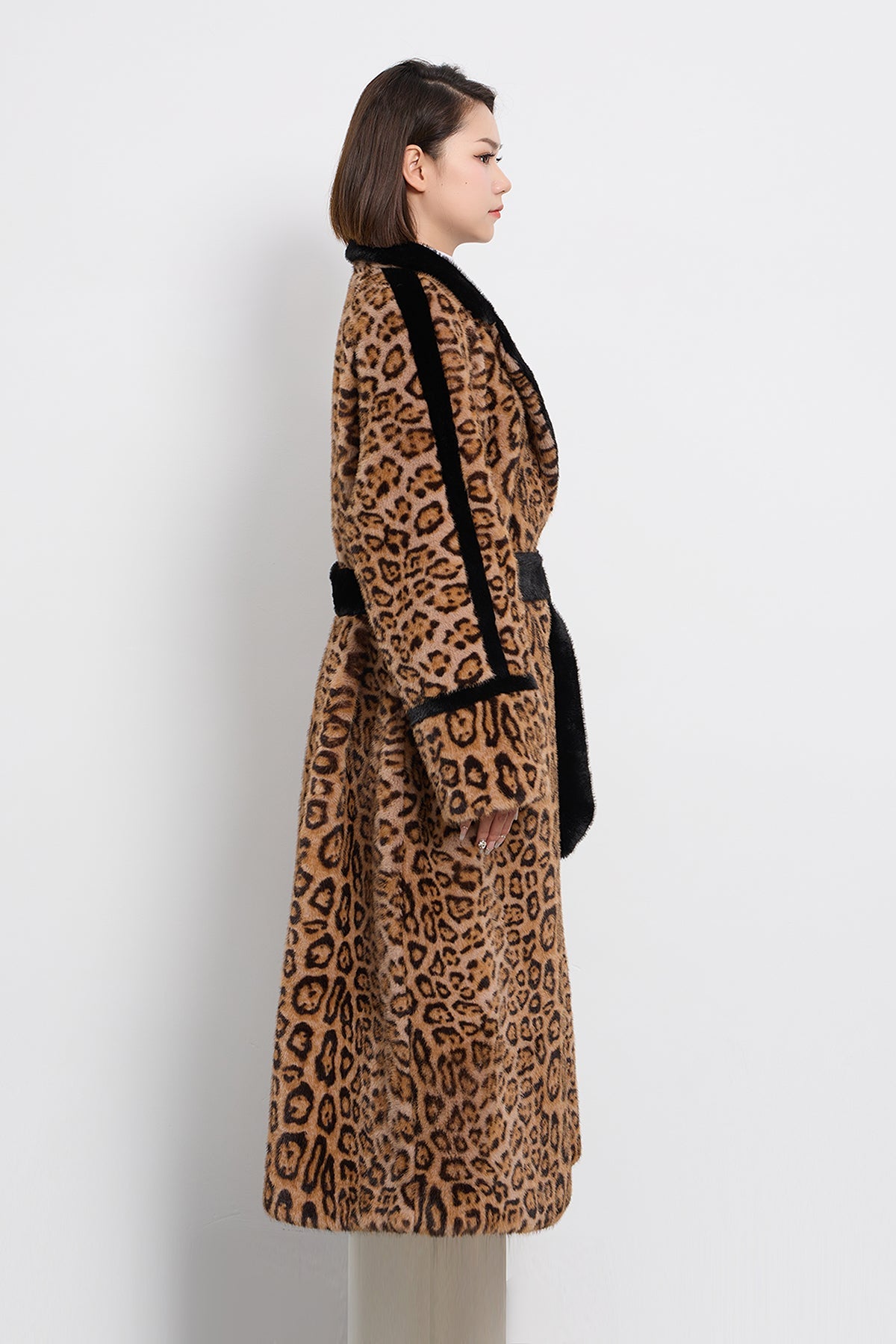 Scott Cashmere Women's Fur Long Coat Exclusive Design - Leopard Print