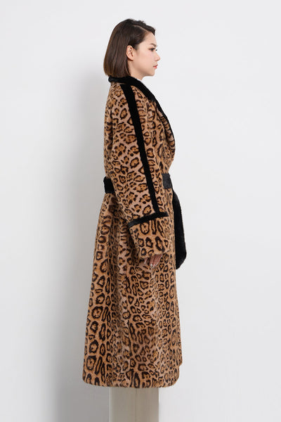 Scott Cashmere Women's Fur Long Coat Exclusive Design - Leopard Print