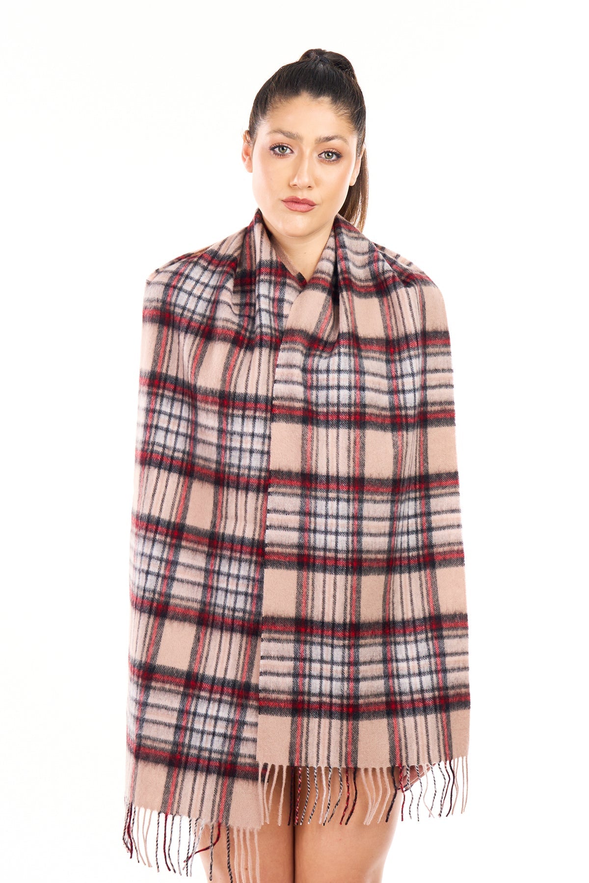 100% Pure Cashmere Scarf Stewart Camel Tartan - Big Size