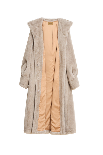 Scott Cashmere Women's Hooded Fur Long Coat Exclusive Design - Grey