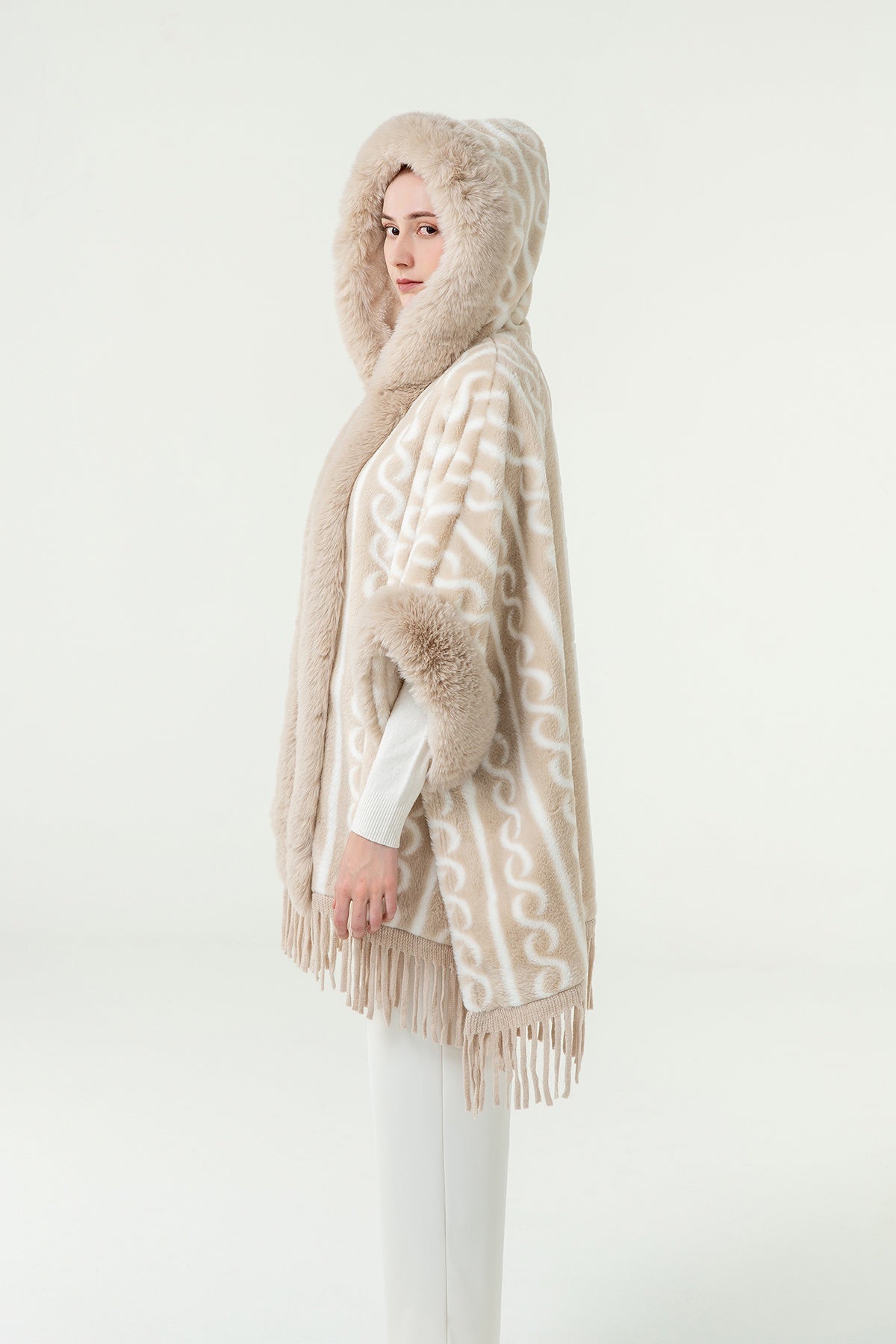 Scott Cashmere Women's Hooded Cape Exclusive Design - Cream