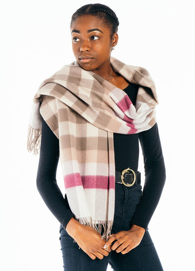 100% Pure Cashmere Pink Check Scarf - Big Size