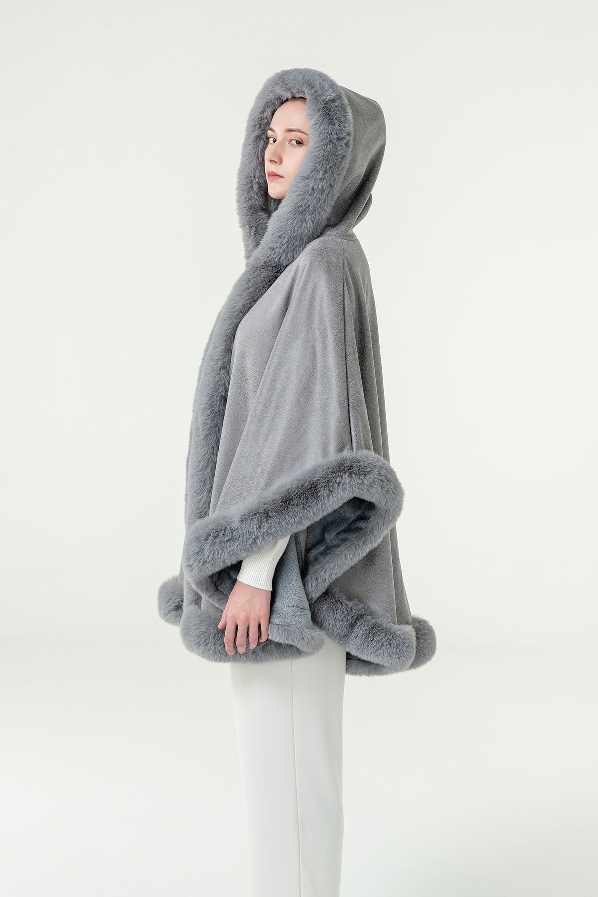 Scott Cashmere Women's Hooded Cape Exclusive Design - Grey