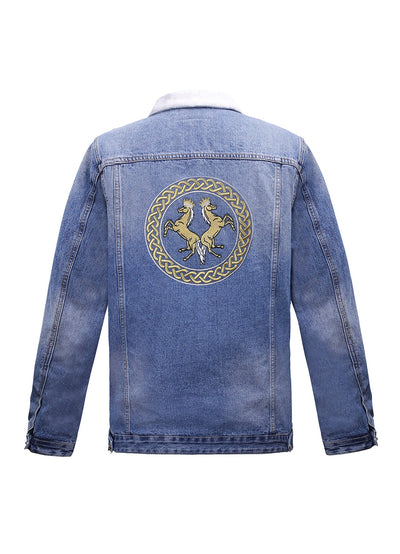 Embroidered Light Blue Denim Jacket With Faux Fur