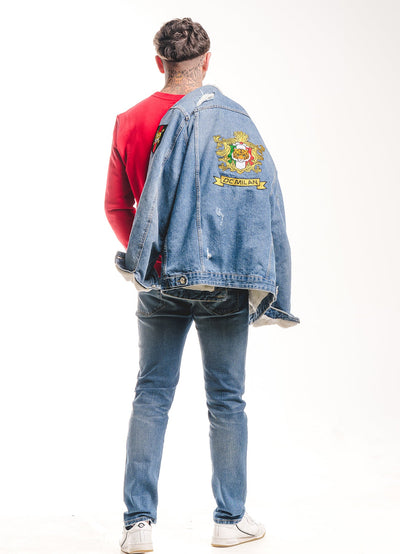 Embroidered Light Blue Denim Jacket With Faux Fur