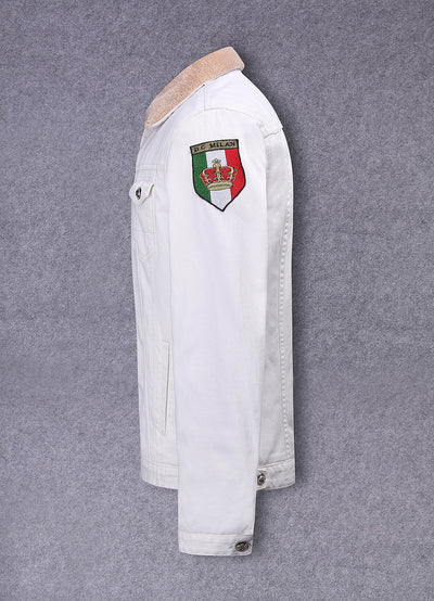 フェイクファー付き刺繍ホワイトデニムジャケット